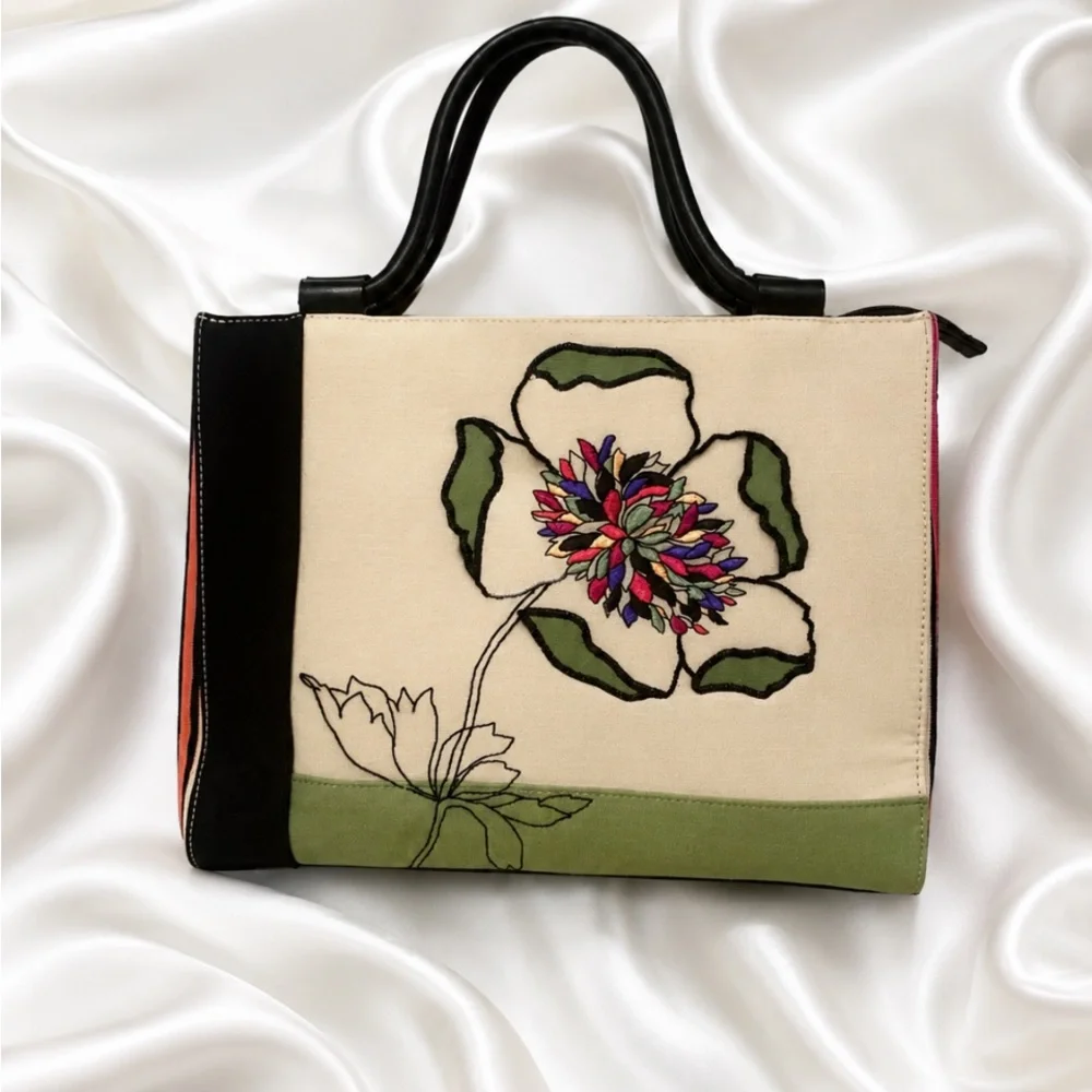 TALBOTS Embroidered Floral Canvas Tote Handbag Multicolor Flower & Black Handles